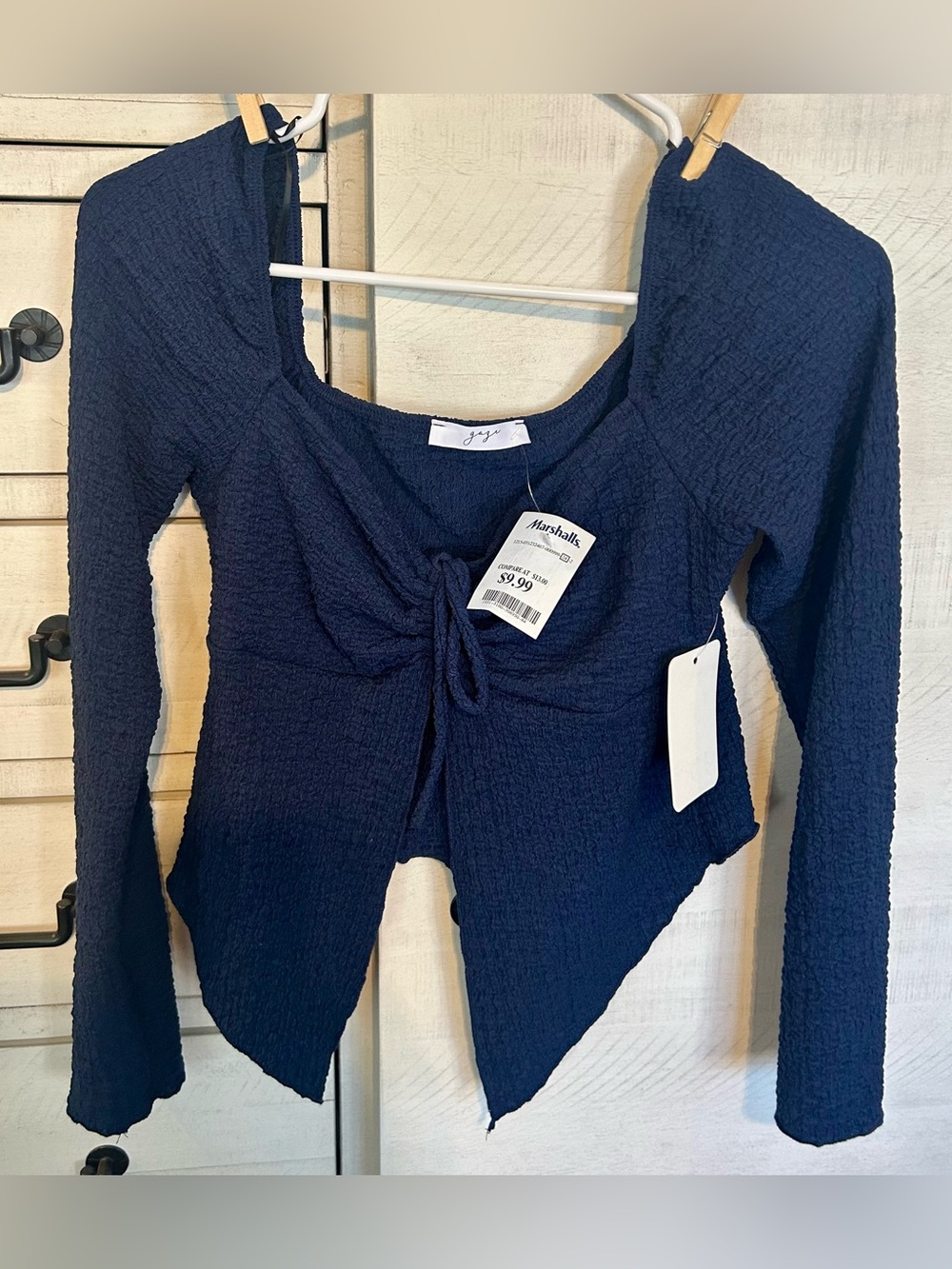 gaze Navy Long-Sleeve Tie-Front Textured Top